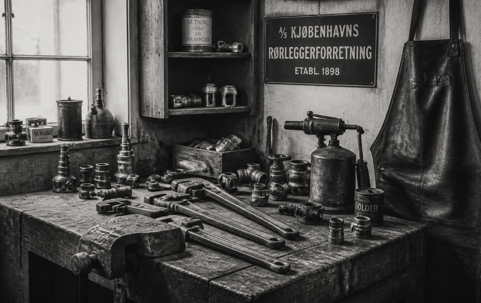 Gammelt dansk VVS-værksted med rørtænger, messingfittings og læderforklæde